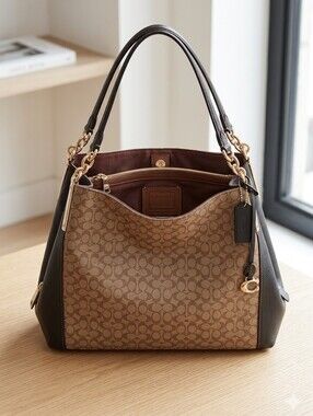 NWT Coach Dalton Tan Signature Jaquard/Dark Chocolate Leather Shoulder Bag.Mwah!